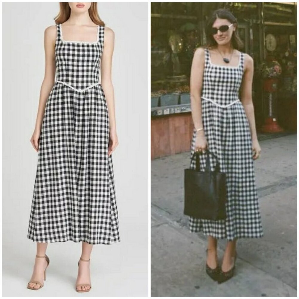 💕WAYF x Styled Coco! Gracie Gingham Linen-Blend Midi Dress Black Gingham XL NWT